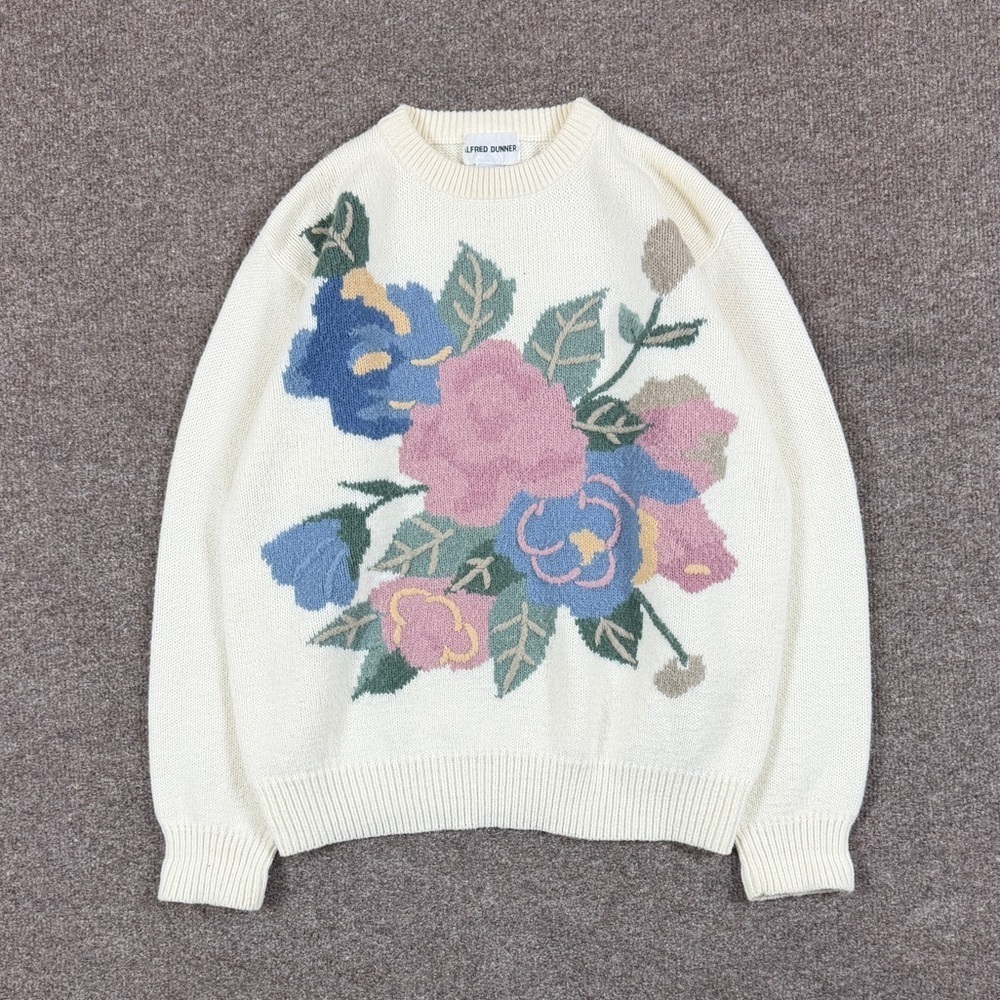 Vintage Ivory Crewneck Pullover Sweater Women’s M Pastel‎ Florals 90s Grannycore